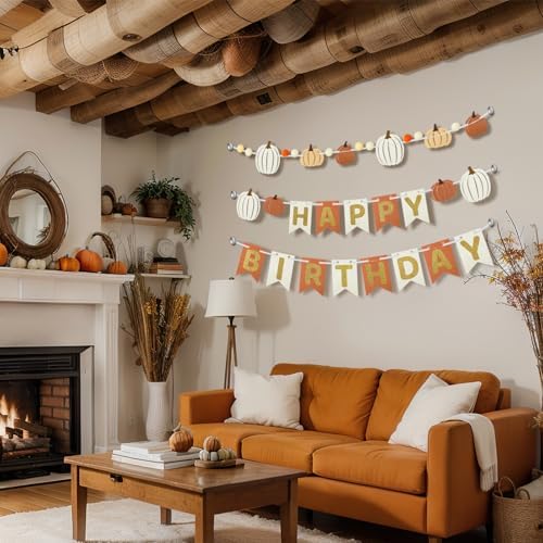 Epakh 3 Pcs Fall Happy Birthday Banners with Felt Pumpkin Garland - Image 5