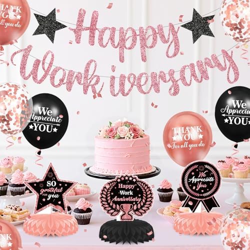 Happy Work Anniversary Decorations for Men Women Black Rose Gold Happy Workiversary Banner Honeycomb Centerpieces Balloons Decor for Office Employee Worker Anniversary Appreciation Supplies - Image 4