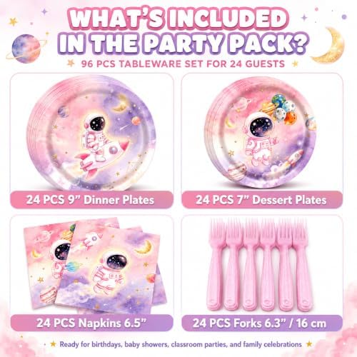 Outer Space Birthday Party Supplies for Girls, 96 Pcs Astronaut Disposable Tableware Set with 9 Inch and 7 Inch Paper Plates, Napkins and Forks, Pink Galaxy Decorations for 24 Guests Baby Shower - Image 2