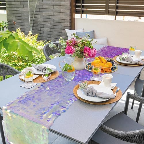 6 Pack Mermaid Party Table Runner 12 x 84 Inches Mermaid Tail Scales Sequin Table Runner Glitter Holographic Table Cover for Birthday Party Ocean Decorations - Image 3