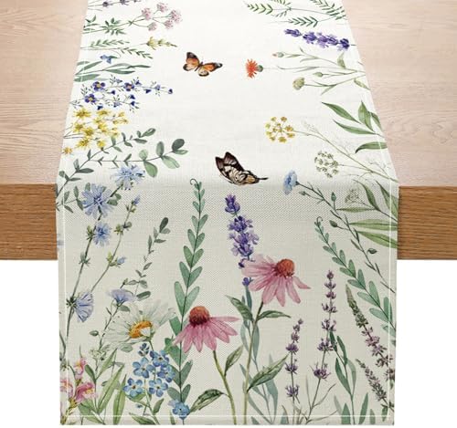 ONFAON Spring Decorations for Home,Daisy Eucalyptus Lavender Floral Leaves Summer Table Runner,Seasonal Spring Kitchen Dining Table Decoration for Home Party Decor 13x72 Inch by ONFAON