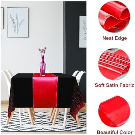 16Pack Disposable Plastic Party Tablecloths and Satin Table Runner Set Black and Red Dot Table Cloth Red Satin Table Runner for Wedding Birthday Baby Shower Anniversary Holiday Party Decorations - Image 3