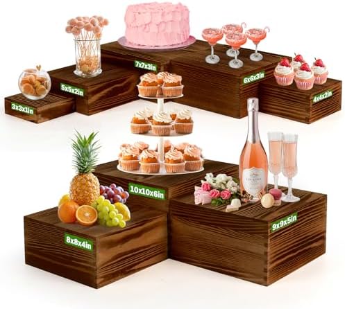 8-Pack Pine Wood Buffet Risers, Multi-Size Nesting Cube Food Display Stands by Budiwati