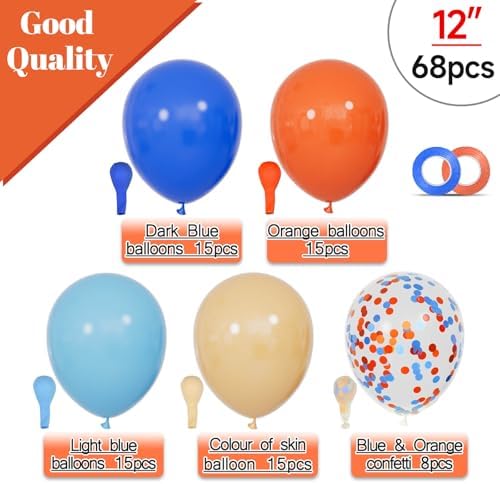 68Pcs Blue and Orange Balloons 12 Inch Nude Color Deep Light Blue Balloon for Birthday Party Decorations Confetti Blue and Orange Graduation Decorations. - Image 2