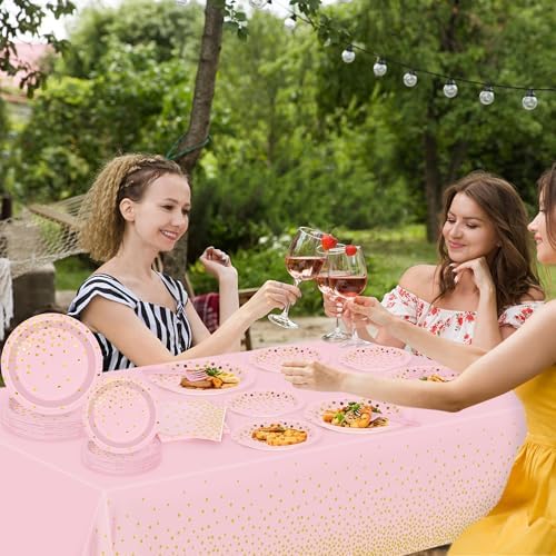 122 Pcs Pink Plates and Napkins Party Supplies, Birthday Decorations for Women Serves 30, Girl Baby Shower Decorations with Wedding Paper Plates, Golden Pink Party Supplies with Fork and Tablecloth - Image 7