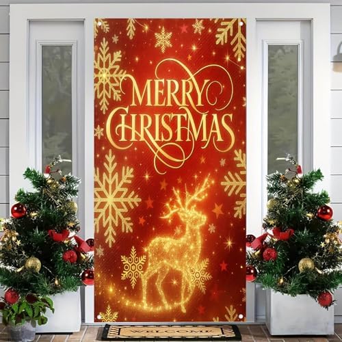 BlissYard Merry Christmas Door Cover 71x35 Inch Front Porch Door Banners Decoration Winter Golden Reindeer Snowflake Stars for Sign Party Indoor Decor - Image 4