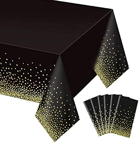 Gexolenu 6 Pack Black and Gold Tablecloth for Rectangle Tables, Plastic Disposable Dot Confetti Party Table Covers for Birthday, Graduation, New Year Party, Anniversary, 54" x 108" by Gexolenu