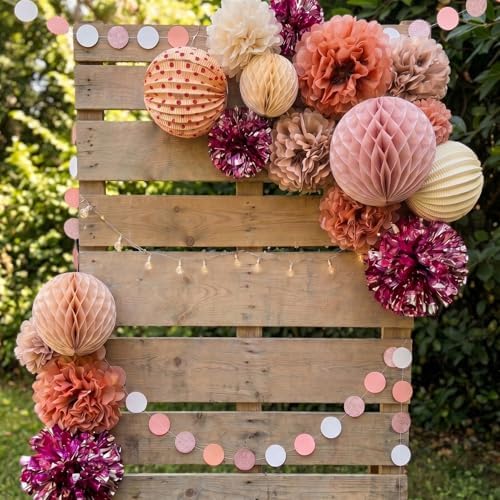 PapaKit 16pc Dusty Rose & Rose Gold Party Decorations - Premium Tissue Paper Pom Poms, Honeycomb Balls & Accordion Lanterns - Elegant Backdrop for Weddings, Bridal Showers, Baby Showers & Birthdays - Image 2