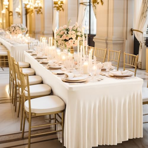 Wish Care 6 Pack Ivory Spandex Table Clothes for 8 Foot Rectangle Tables, 8FT Wrinkle Free Fitted Tablecloths Ruffles Design Table Cover for Party, Banquet, Wedding and Events - Image 5