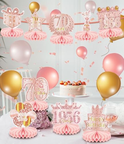 9 Pcs 70th Birthday Decoration for Women 1956 Pink Table Honeycomb Decor - Image 4