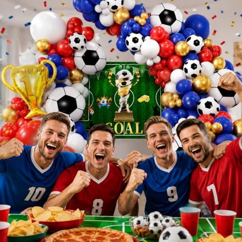 Soccer Party Decorations 161Pcs, Soccer Balloon Garland Arch Kit with Backdrop Banner 18'' Football Foil Balloons, Blue Red Gold White Balloons for Boys Sports Fan Birthday Soccer Party Decor - Image 4