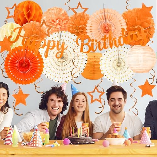 Orange Birthday Party-Decorations - 29pcs Orange Beige FAL Boho Party Decorations for Women Girls, Autumn Sweet Peach Thanksgiving Decorations Happy Birthday Banner Paper Tissue Pom Poms - ZERODECO - Image 5