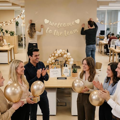 Welcome to the Team Banner Pre-Strung No DIY, Glitter New Employee Welcome Decorations for Office, Script Cursive 300gsm Cardstock with Heart Signs, Coworker Onboarding Party Supplies (Champagne Gold) - Image 5