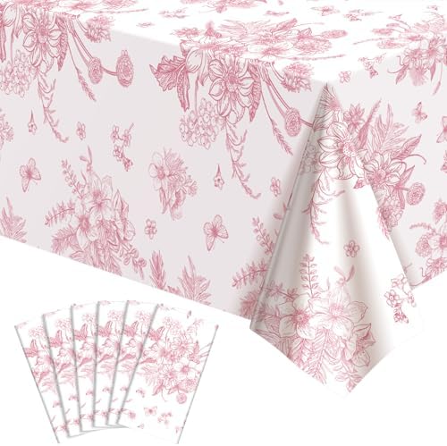 6 Pcs Pink Floral Plastic Tablecloths, Disposable Wedding Table Cloth by NatNarr