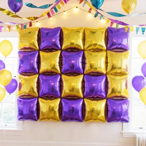 NISOCY 25PCS Purple and Gold Square Foil Balloons Wall Backdrop - Image 5