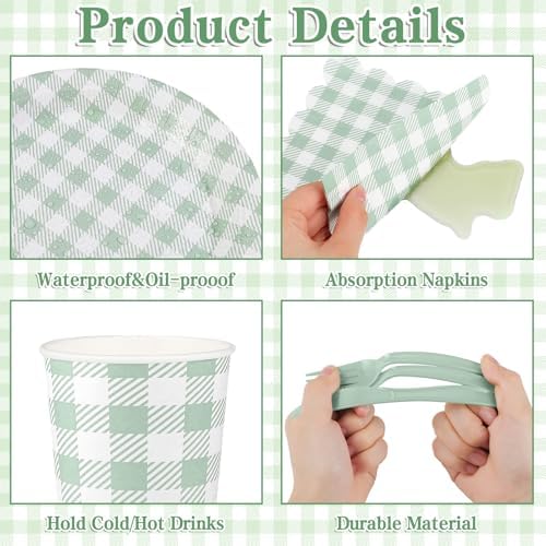 NatNarr Sage Green Gingham Party Supplies Set, 175 Pcs, Serves 25 - Image 3