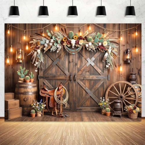 Western Cowboy Rustic Wooden Barn Door Backdrop, Wild West Cow Skull Cactus Vintage Farmhouse Photography Background for Rodeo Birthday Party Photo Booth Studio Portrait Props 6x4 FT by Viajar
