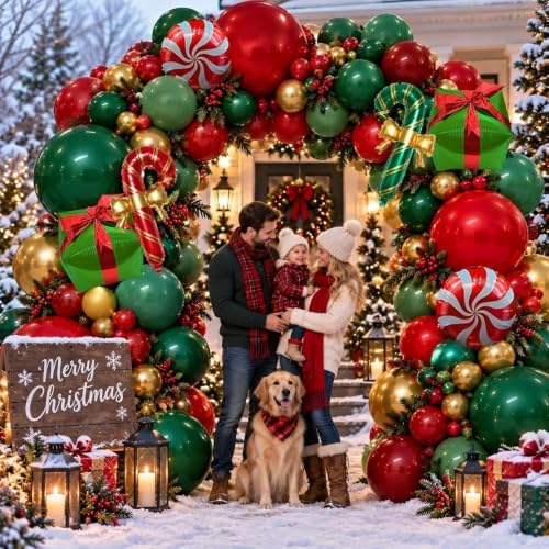 Green and Red Christmas Balloons Double Stuffed Pearl Dark Red Green Gold Balloon Garland Arch Kit Candy Cane Box Balloons for Happy Christmas Holiday New Year Birthday Party Decorations - Image 5