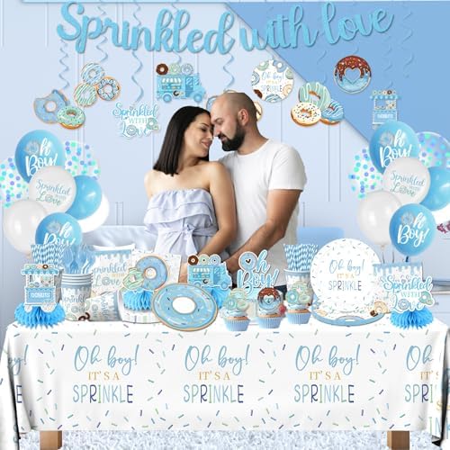 Baby Sprinkle Decorations for Boy,Blue Sprinkled with Love Party Plate,Napkin,Cup,Cake Topper Donut Baby Shower Decorations for Baby Boy Sprinkle Party Supplies Serves 24 - Image 2