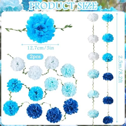Gradient Blue Tissue Paper Pom Pom Garlands, Paper Flowers for Birthday Decorations, Baby Shower, Wedding Engagement, Bridal Shower, Spring Summer Party Decorations - Image 2