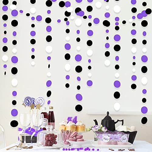 46Ft Purple Black Circle Dots Garlands Black Purple and White Polka Dot Hanging Paper Streamer Banners for Birthday Graduation Wedding Bridal Shower Halloween Party Decorations Supplies - Image 5