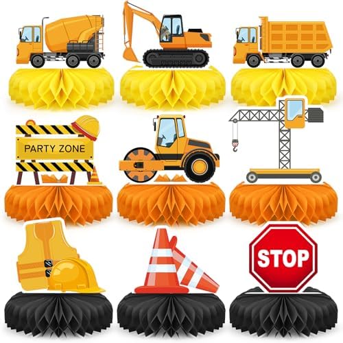 9 Pcs Construction Party Honeycomb Centerpieces for Tables Construction Party Decorations Car Truck Zone Table Centerpieces Signs for Birthday Party Favors Supplies by Unknown