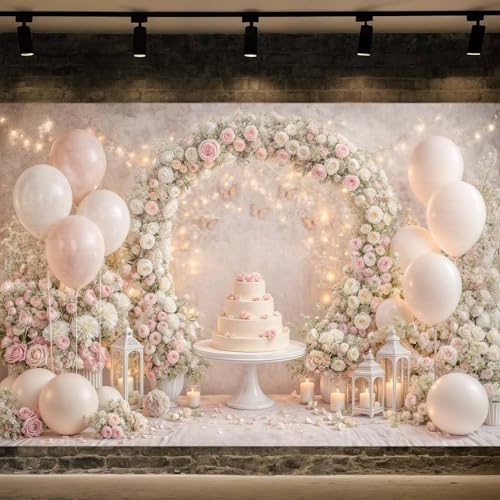 10X10ft Pink White Floral Backdrop Boho Arch Scene Birthday Balloons Photography Background Romantic Wedding Bridal Shower Kids Birthday Baby Shower Party Portrait Cake Photo Booth Studio Props - Image 2