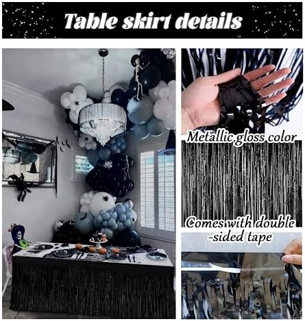 6 PCS Black Metallic Foil Fringe Tinsel Table Skirts 9 Feet x 29.5 Inch - Image 3