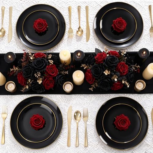 YOUBET 125PCS Black Plastic Plates with Gold Rim for Halloween - Image 6