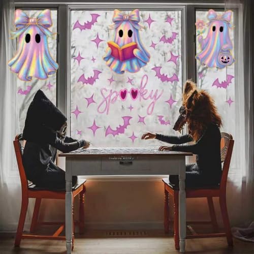 6 Sheets Halloween Window Clings Decorations Cute Ghost Bat Window Stickers Static Spooky Glass Window Sticker Decals for Home Office Classroom Party Haunted House Seasonal Decor - Image 3