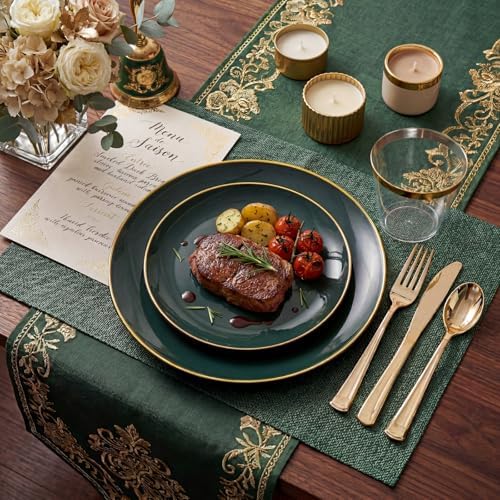 NOCCUR 350PCS Green Plastic Plates - Disposable Green Gold Dinnerware Set for 50 Guests, 100 Dinner/Dessert Plates, 150 Gold Silverware, 50 Cups&50 Napkins for Party ＆ Wedding ＆ World Cup 2026 - Image 5