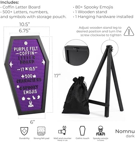 Nomnu Coffin Letter Board, Purple Goth Decor w/Bat Stickers, Spooky Emojis - Image 2