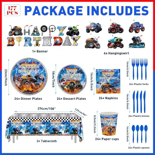 177pcs Monster Truck Birthday Decorations Plates Napkins Tableware Set - Image 2