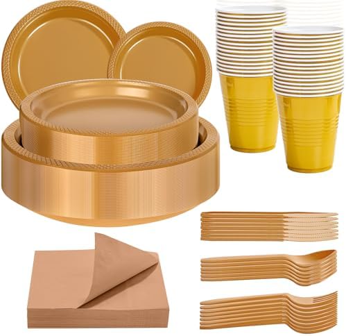 WELLIFE 210Pcs Gold Plastic Plates, Disposable Plastic Plates for Party by WELLIFE