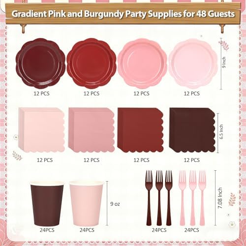 Pink and Burgundy Plates and Napkins Party Supplies, Disposable 9’’ Maroon and Brown Paper Plates and Cups and Napkins Set for Baby Shower, Birthday, Wedding, Christmas Party Decorations, Serves 48 - Image 2