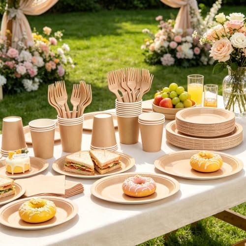 125Pcs Brown Plates and Napkins Party Supplies, 9’’& 7'' Disposable Khaki Paper Plates and Cups and Napkins Forks Set for Baby Shower, Wedding, Fall Birthday Party Decorations, Serves 25 - Image 3