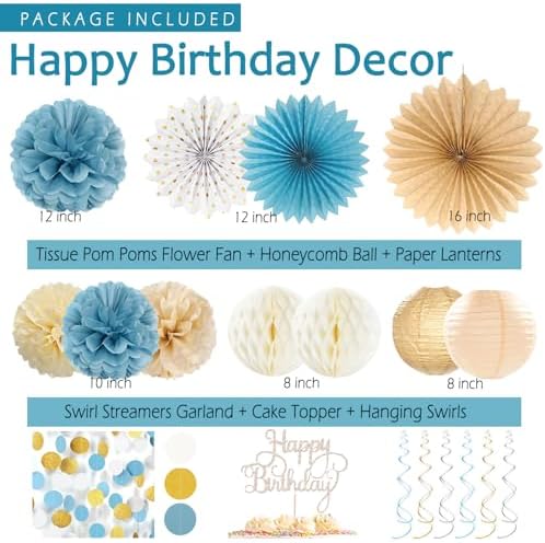 Dusty Blue Beige Champagne Women Birthday Decorations, Boho Neutral Boys Girls Blue Party Décor With Fog Cream Gold Balloons,Happy Banner Garland,Paper Lanterns, Honeycomb Tissue Pom Poms For Adults - Image 3