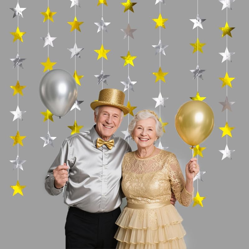 Gold Silver Shining Star Hanging Garland Gold and Silver Hanging Sparkling Star Streamer Glitter Bunting Banner Twinkle Backdrop for Wedding Baby Shower Birthday Christmas Decorations 40 Feet - Image 5