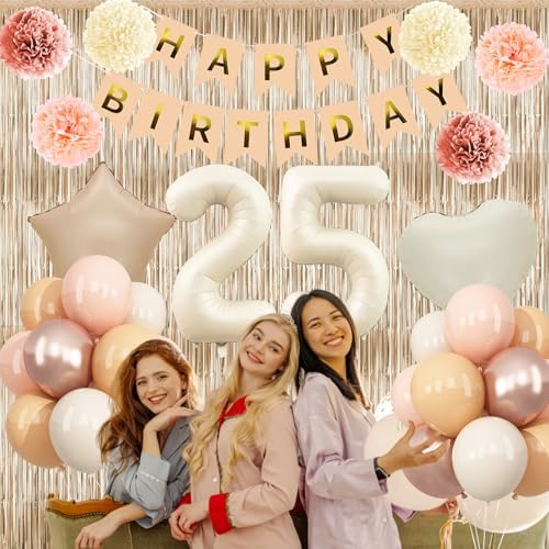 Beige Happy 25th Birthday Party Decoration for Her Cream Number 25 Balloon - Image 5