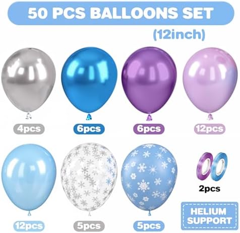 Frozen Balloons, 12 Inch Blue and Purple Balloons, Metallic Silver Blue Frozen Print Snowflake Confetti Balloon for Girls Woman Ice and Snow Winter Theme Birthday Party Decorations - Image 2