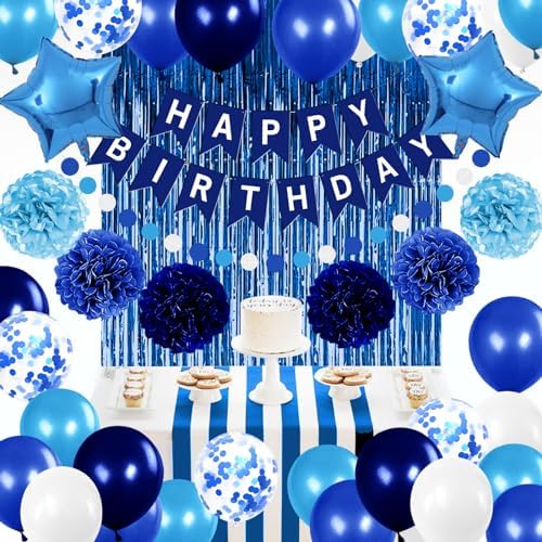 Blue Birthday Party Decorations for Boys Men Happy Birthday Banner Balloons Navy Royal Light Blue Pom Poms Foil Curtain Décor Party Decorations for Baby Boy - Image 6