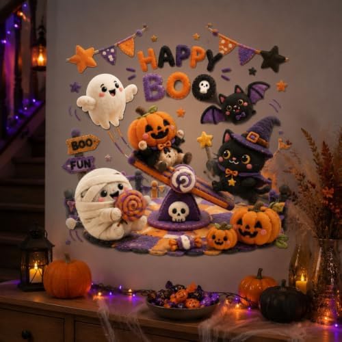 1 Sheet Halloween Wall Sticker Funny Cute Ghost Pumpkin Bat Cat Wall Decal Self Adhesive Happy Boo Living Room Classroom Party Decoration Lndoor Living Room Bedroom Wall Decoration Supplies - Image 6