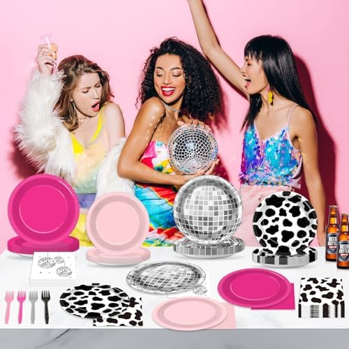 96PCS Western Cowgirl Party Plates and Napkins Cowgirl Disco Party Supplies Cow Print Themed Dessert Paper Cake Plates Hot Pink Ball Tableware for 24 Guests Girls Birthday 80s 90s Disco Decorations - Image 6
