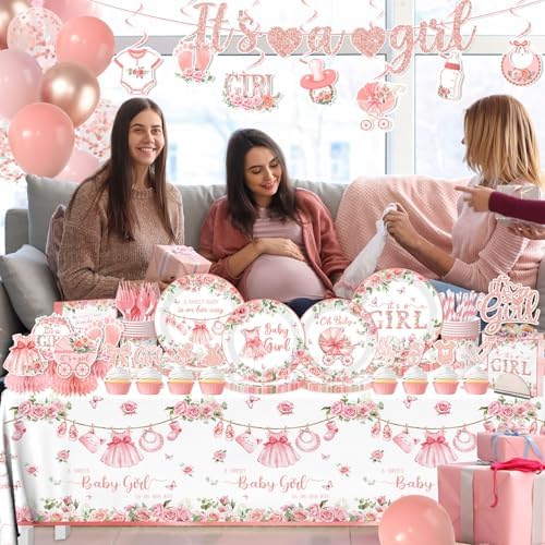 Its a Girl Baby Shower Decorations, Pink Floral Baby Shower Decorations for Girl Include Plates,Napkins,Banner,Balloons,Tablecloth,Cups,Hanging Swirl,Cake Topper,Honeycomb for Baby Girl Party Decor - Image 3