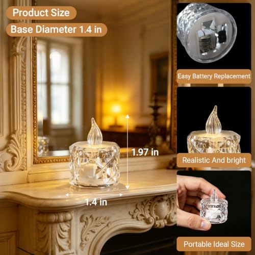 12pcs Flameless Candle Battery Operatted, Led Crystal Candle Lights, 100+Hours Fake Electeic Tealight Candles for Votive Valentines Anniversary Wedding Christmas Table Decorations - Image 3