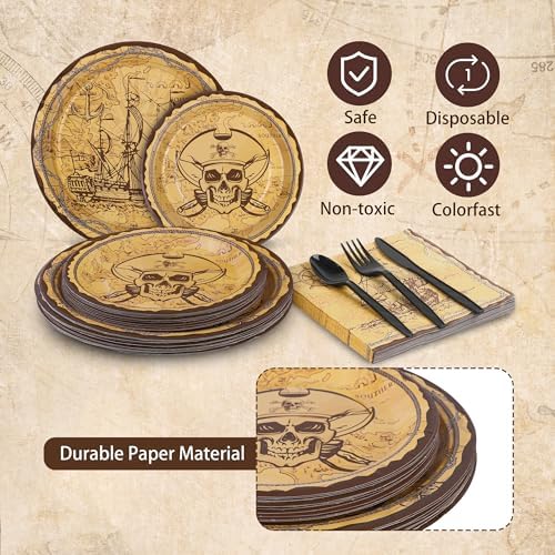 Kochorie 169 Pieces Pirate Tableware Set, Pirate Treasure Map Party Plates and Napkins Supplies with Cups Plastic Cutlery Tablecloth for Adventure Birthday Themed Party Decorations, Serves 24 Guests - Image 4