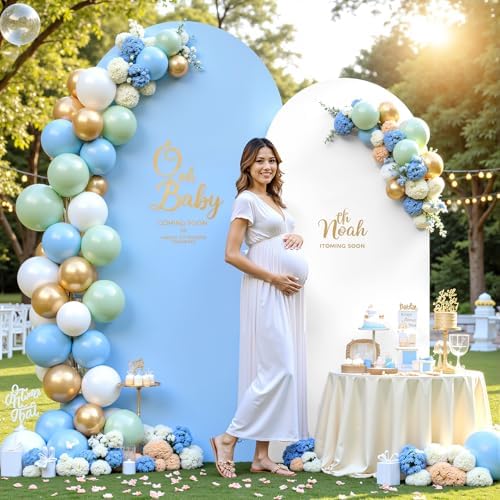 7.2FT 6FT Arch Backdrop Cover for Wedding, Set of 2 Stretchy Spandex Fitted Arch Stand Cover for Baby Shower, Birthday Party Decor, Chiara Backdrop Cover with Double-Sided Design(White, Blue) - Image 2