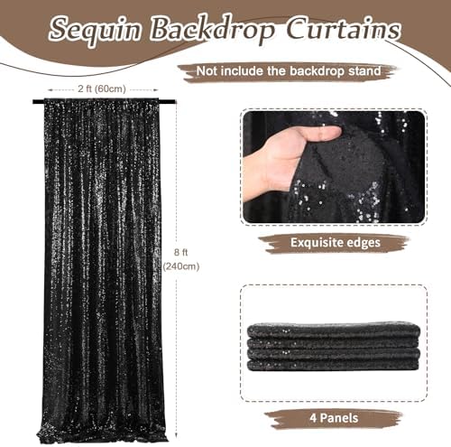 Black Sequin Backdrop Curtain 4 Pcs Bling Fabric Backdrop Sparkly Photography Background Backdrop for Christmas Party Decoration - Image 2