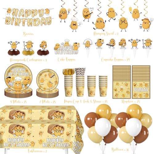 Potato Party Decorations Serves 25, 213Pcs Cute Cartoon Potato Plates, Banner, Cups, Cake Topper, Cupcake Topper, Disposable Table Cloth, Paper Material - Image 3