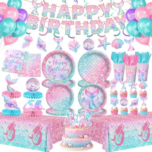 202 Pcs Mermaid Birthday Party Decorations (Serves 24), Mermaid Party Supplies Include Banner Hanging Plates Napkins Cups Forks Knifes Tablecloth Topper Balloons and Sash for Baby Shower by Kinovo